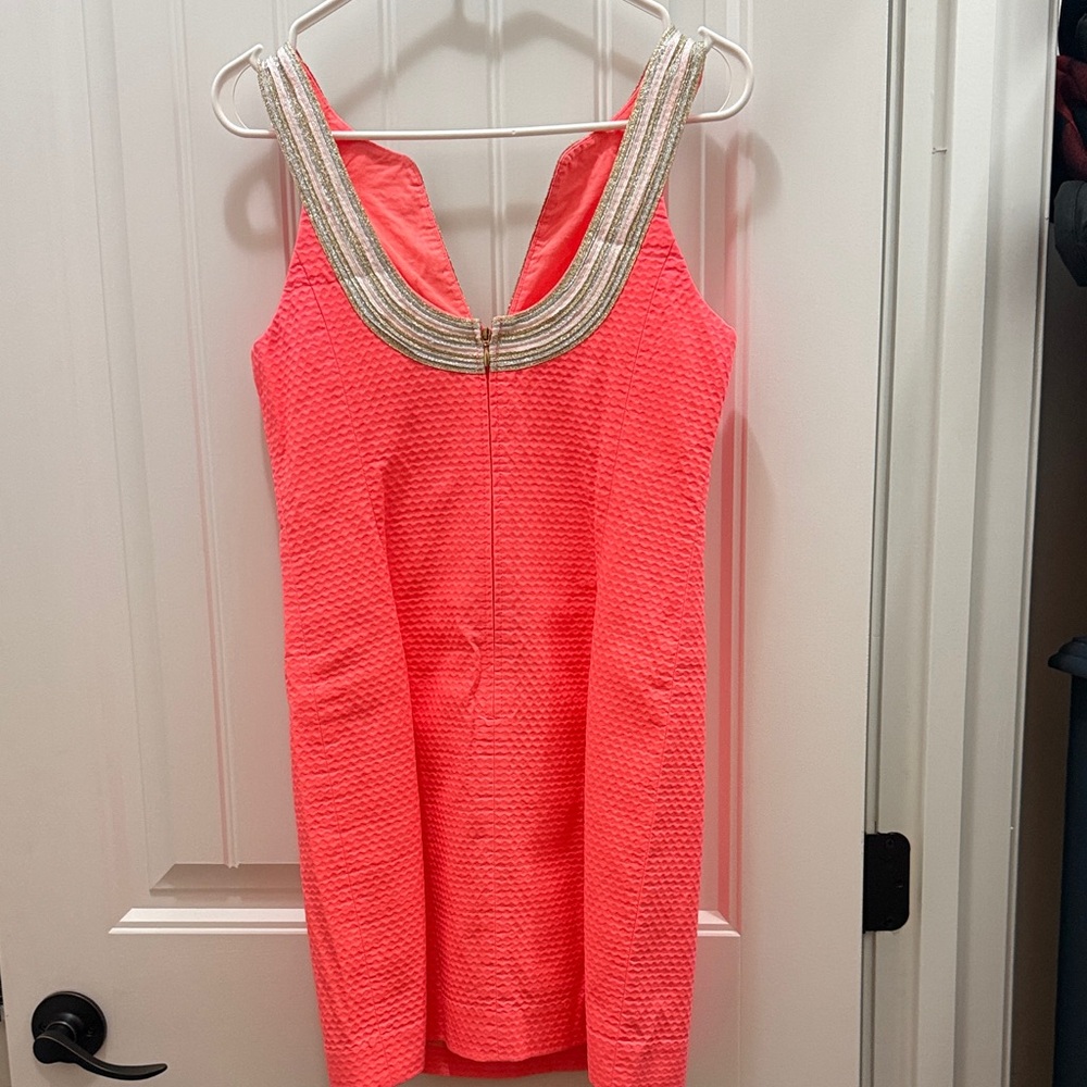 Lilly Pulitzer Sz 2 Coral Pink Valli Shift Dress with silver & gold soutache. - Picture 4 of 4